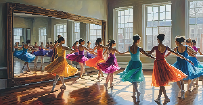 A bright dance studio with dancers of different backgrounds practicing in front of a mirror, colorful attire, and wooden floors reflecting their movements.