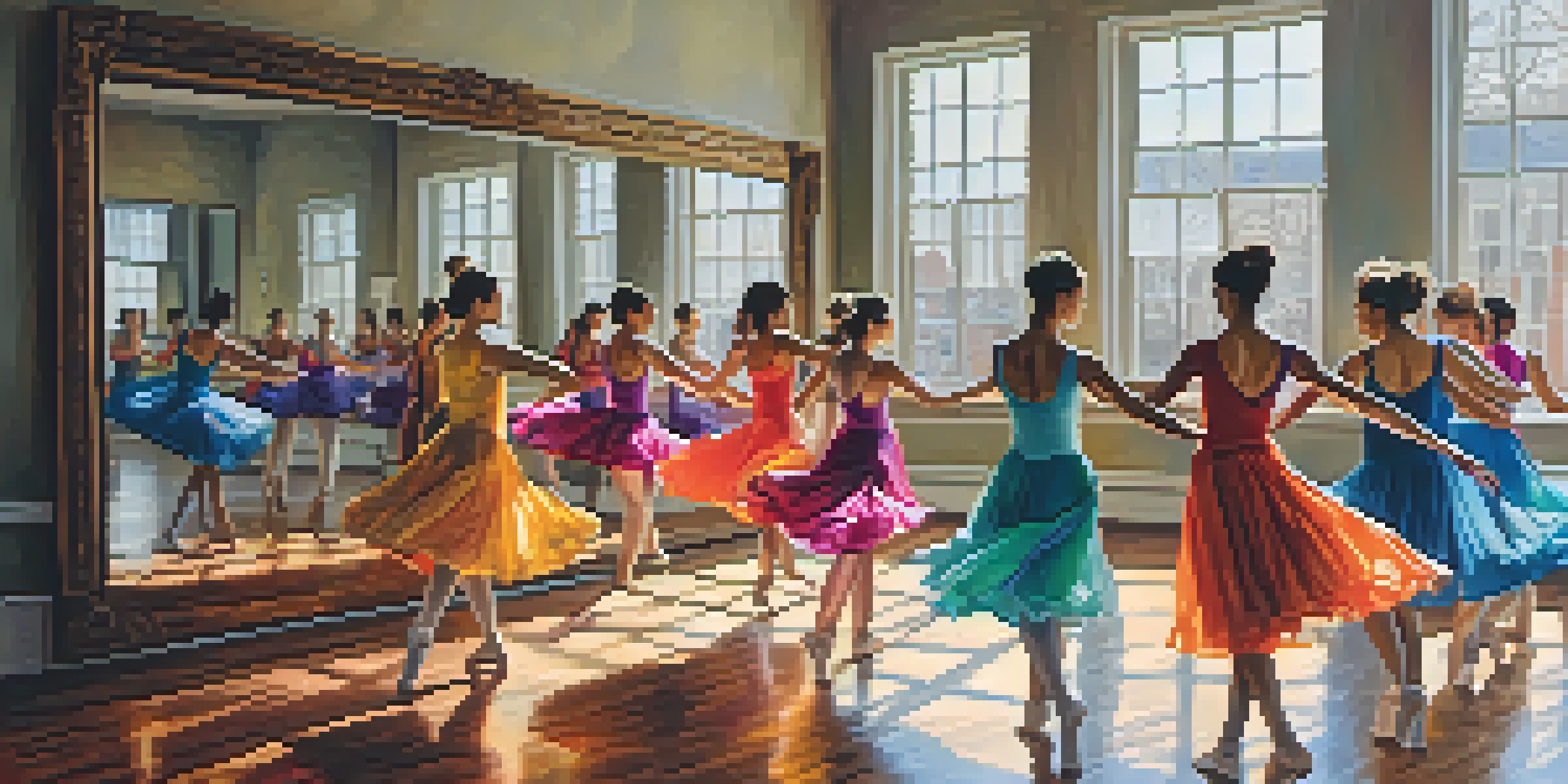 A bright dance studio with dancers of different backgrounds practicing in front of a mirror, colorful attire, and wooden floors reflecting their movements.