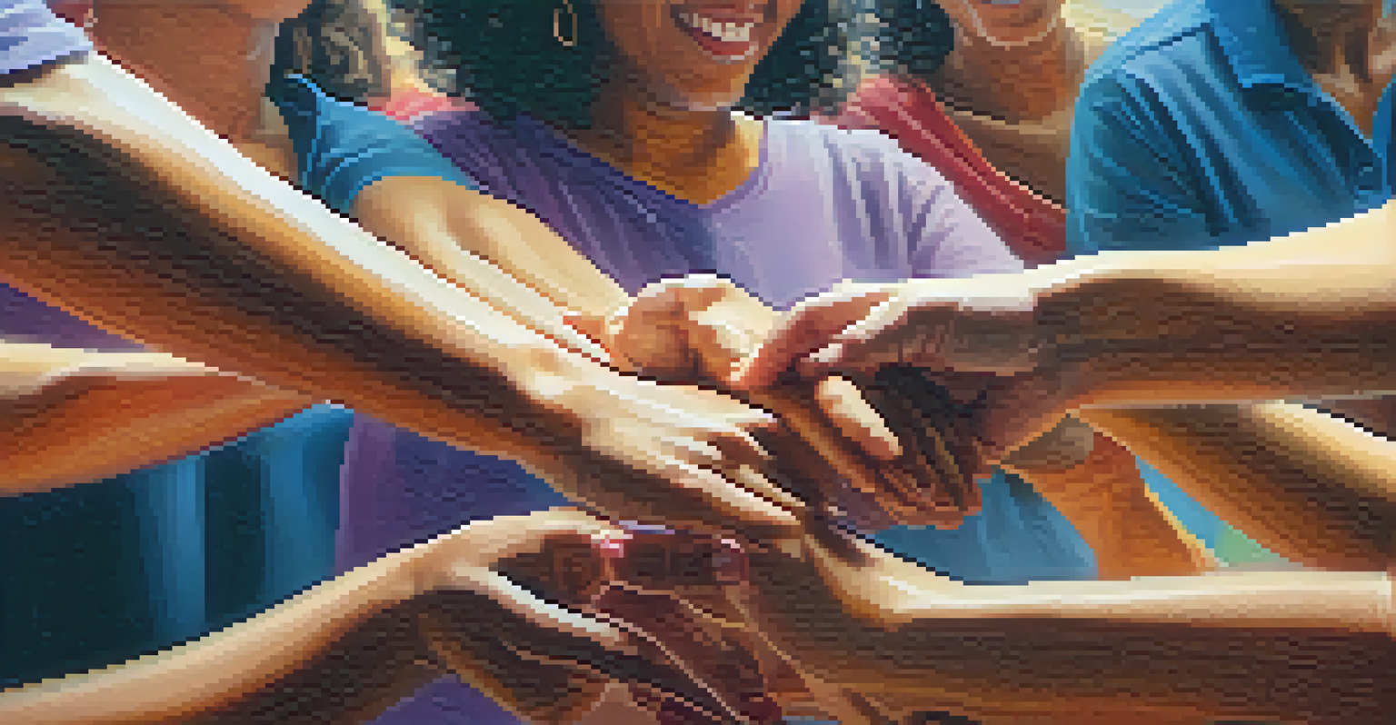 A close-up of hands reaching out during a dance therapy session, symbolizing connection and support, with blurred joyful movement in the background.