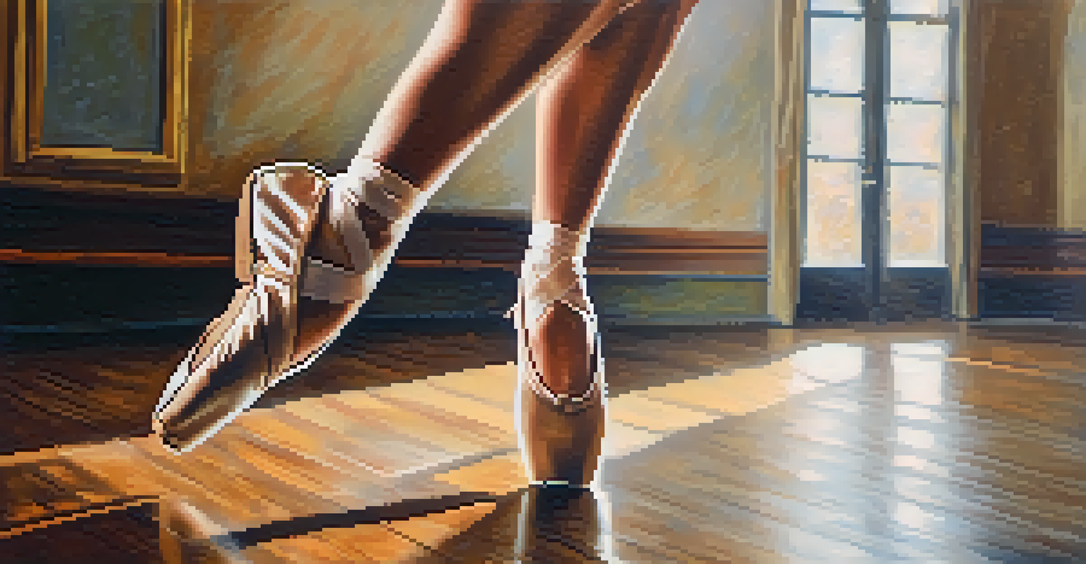 Close-up of a dancer's feet in ballet shoes mid-leap, with a blurred background and dramatic lighting.