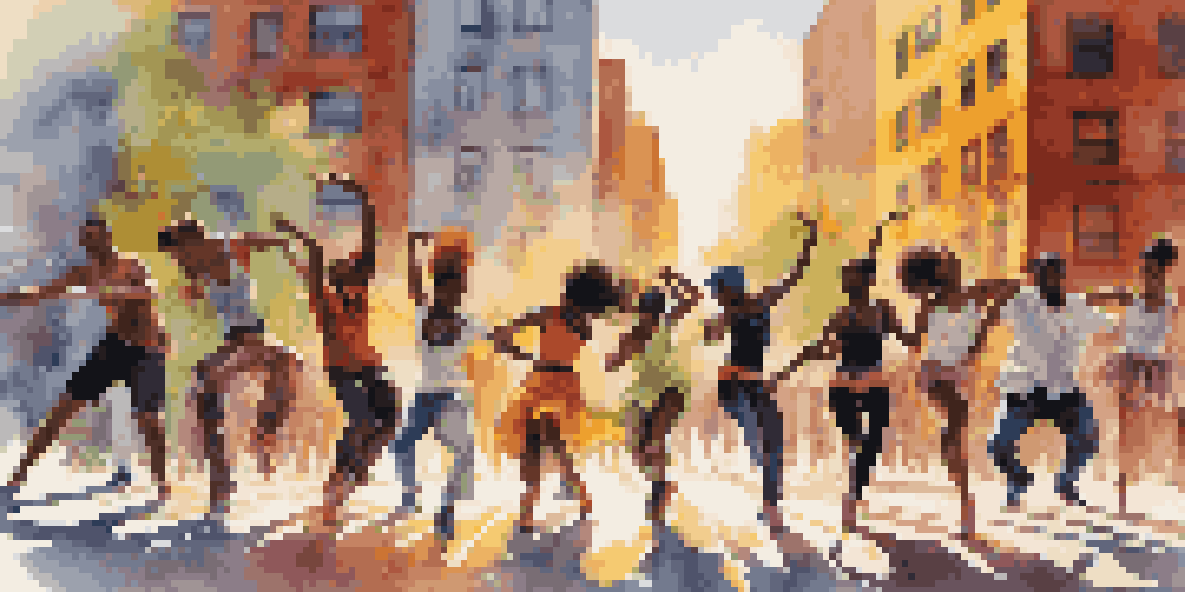 A diverse group of dancers performing in an urban setting with colorful street art and sunlight creating dynamic shadows.