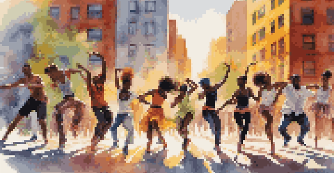 A diverse group of dancers performing in an urban setting with colorful street art and sunlight creating dynamic shadows.