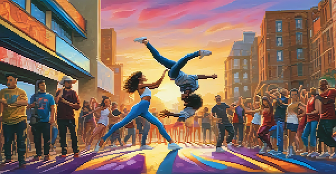 A street dance battle scene with two dancers, one on the ground and one in the air, surrounded by an enthusiastic crowd and colorful graffiti.