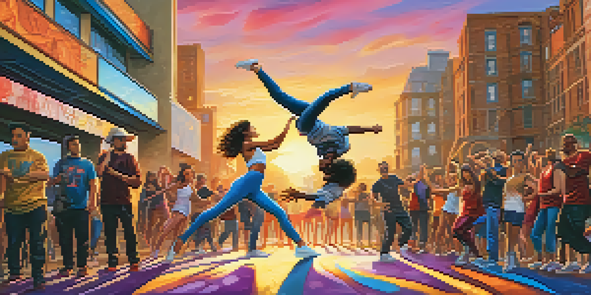 A street dance battle scene with two dancers, one on the ground and one in the air, surrounded by an enthusiastic crowd and colorful graffiti.