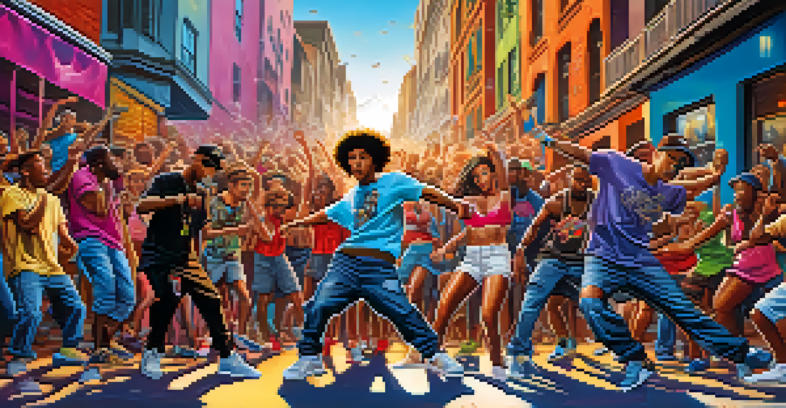 A street dance battle in an urban environment with dynamic dancers and an enthusiastic crowd amidst vibrant graffiti.