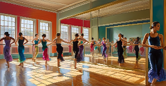 A lively dance studio featuring dancers practicing choreography in front of mirrors, with natural light and colorful attire.