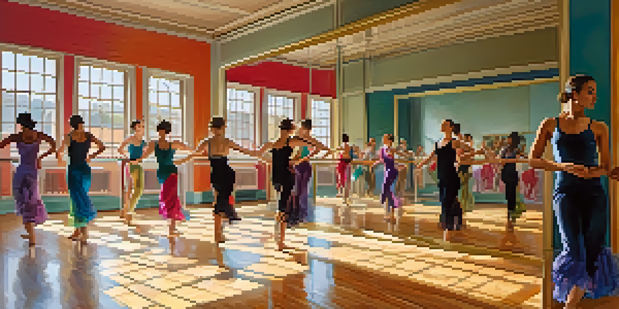 A lively dance studio featuring dancers practicing choreography in front of mirrors, with natural light and colorful attire.