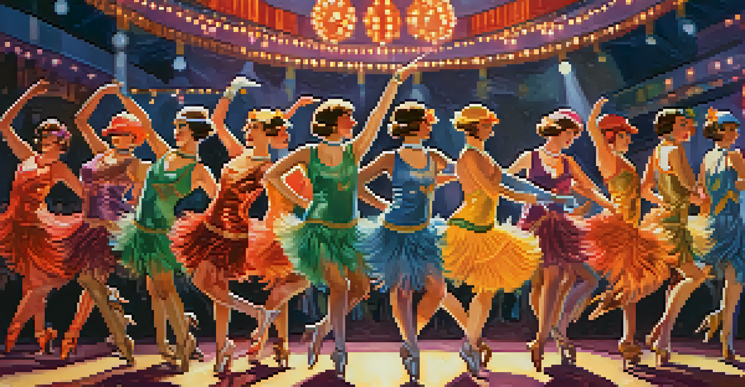A group of dancers in colorful 1920s flapper dresses performing energetically on stage, with art deco elements and sparkling costumes.
