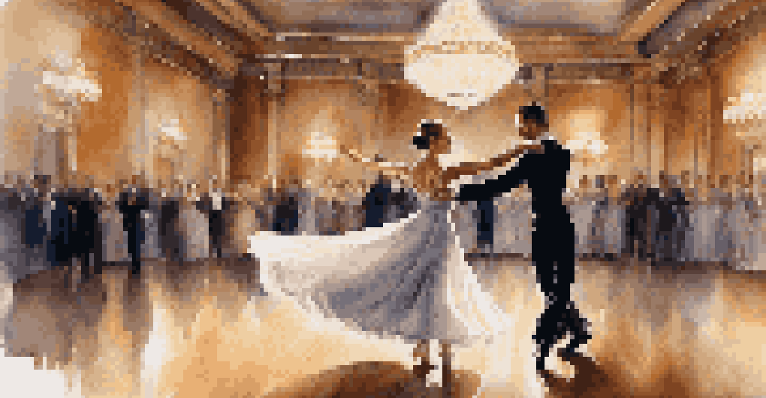 Two dancers in an elegant ballroom pose, showcasing their connection and movements in a softly lit environment.