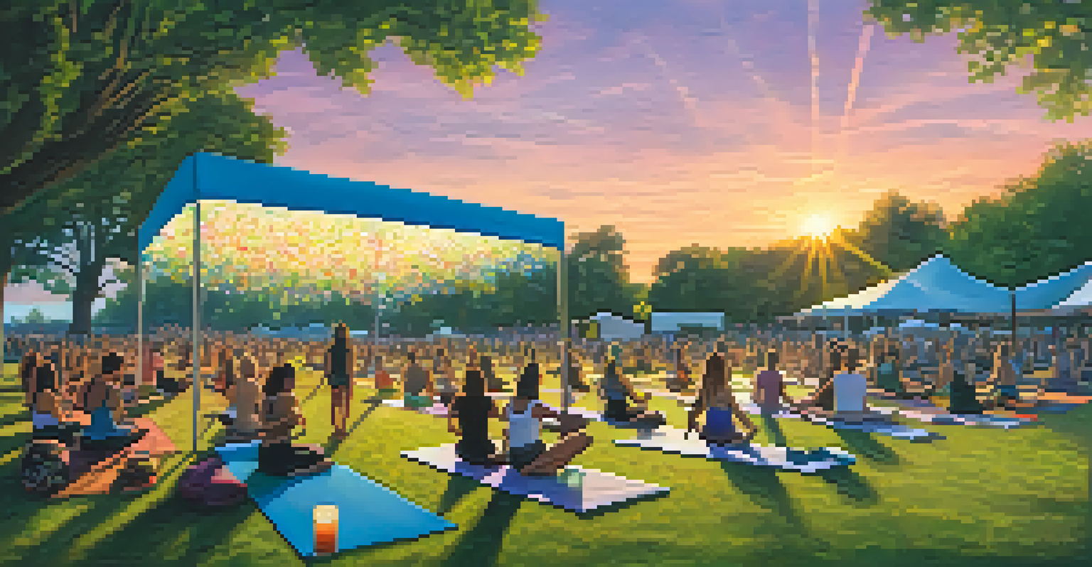Festival-goers practicing yoga in a serene setting at Dancefestopia with art installations and a colorful sunset in the background.