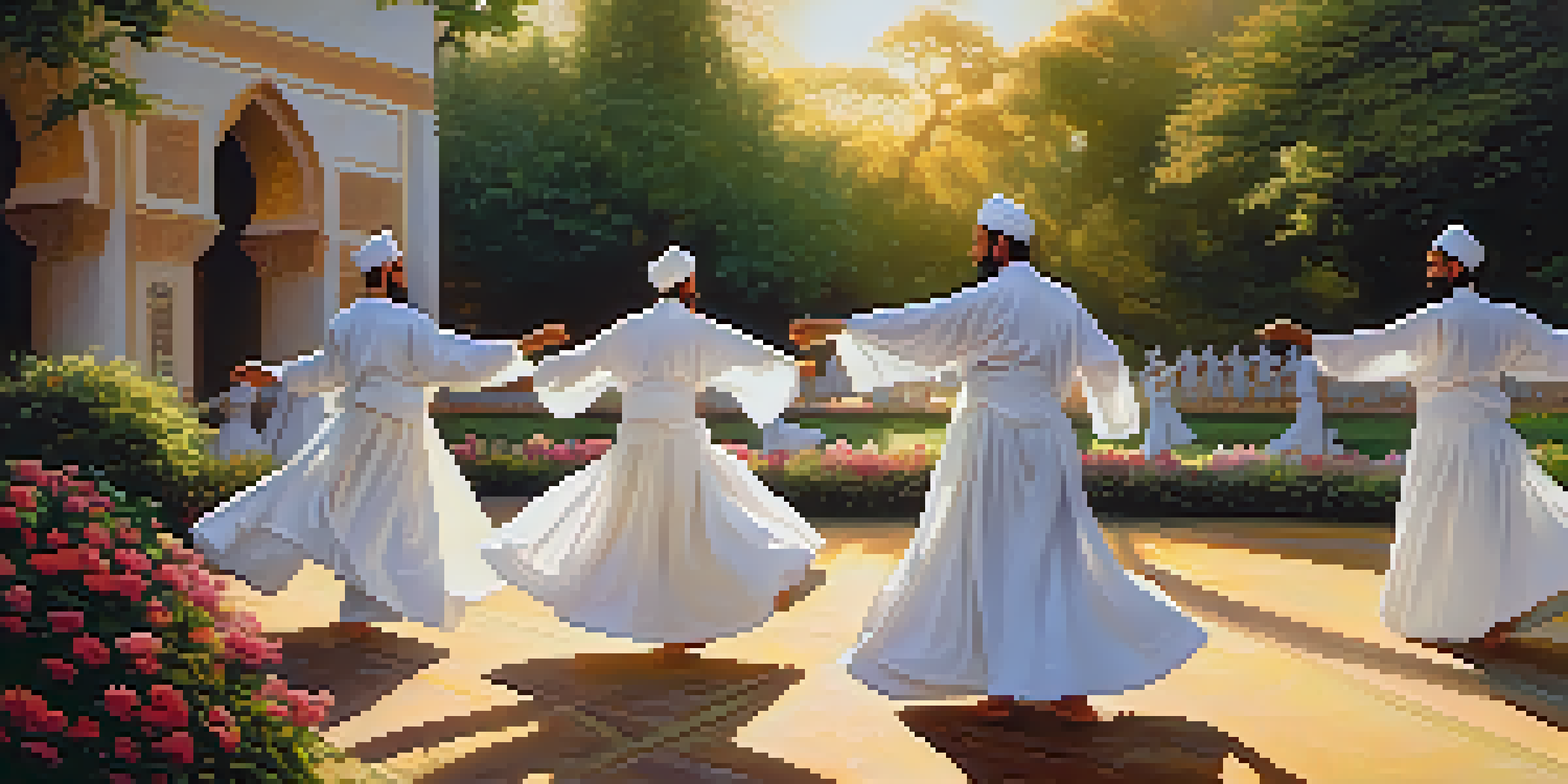 A group of Sufi dancers in white robes whirling under soft sunlight in a garden with colorful flowers and Islamic architecture in the background.