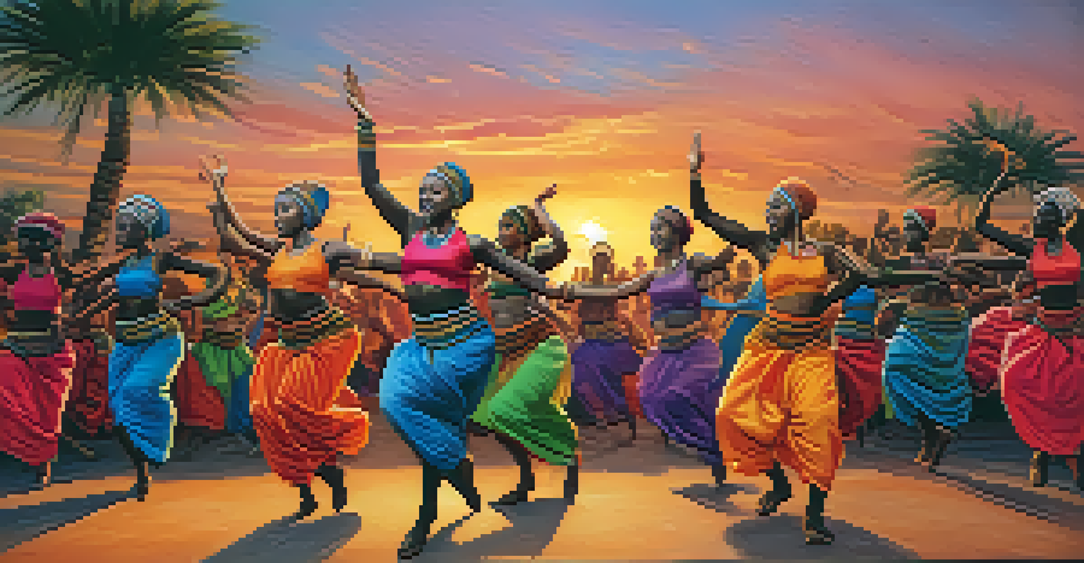 Outdoor performance featuring dancers blending traditional African dance with contemporary styles against a colorful sunset backdrop.
