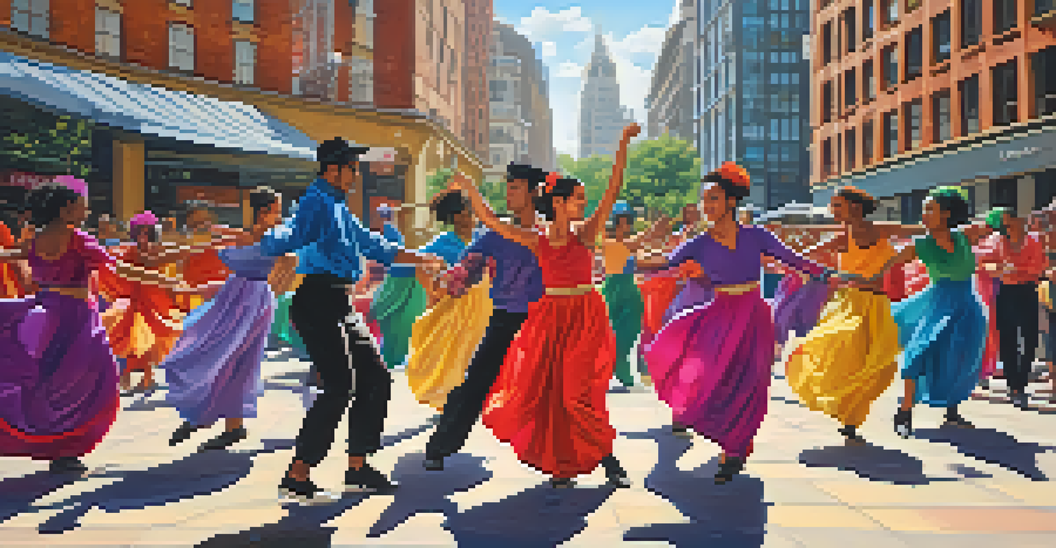 Diverse dancers performing a blend of traditional and modern folk dance in a lively urban setting with street art.