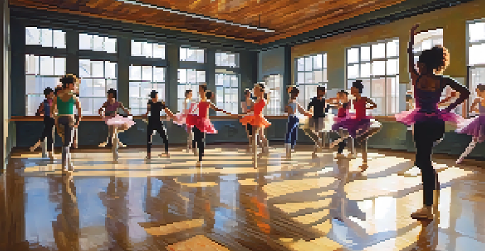 A diverse group of dancers expressing various gender identities in a dance studio, illuminated by natural light.