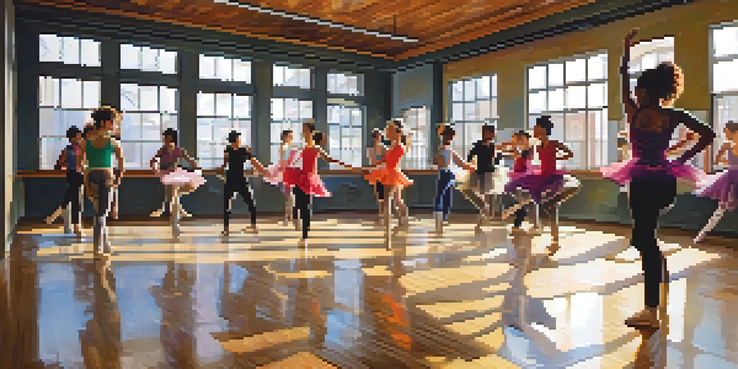 A diverse group of dancers expressing various gender identities in a dance studio, illuminated by natural light.