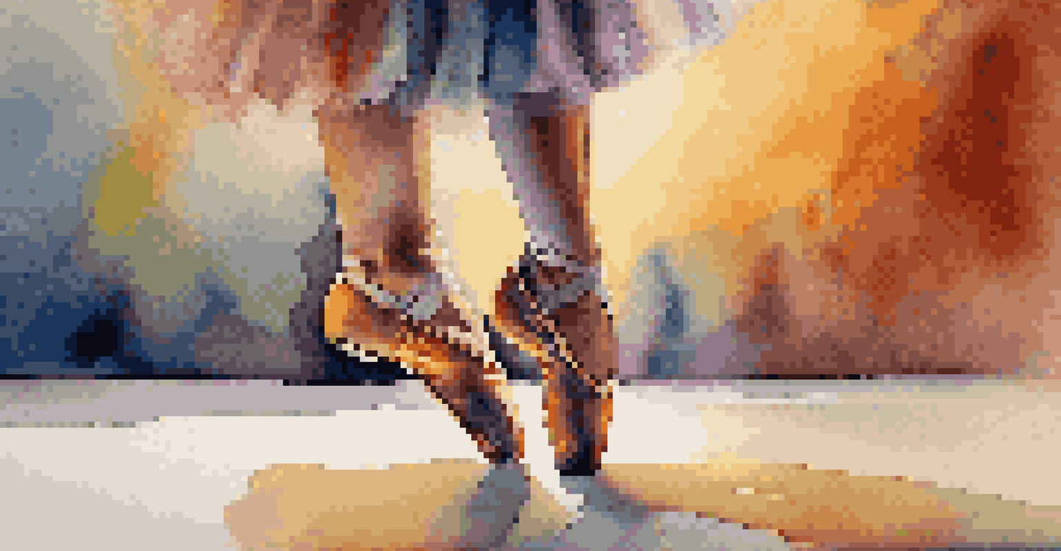 A close-up of a dancer's feet in colorful shoes on stage, illuminated by a spotlight, showcasing the intricate details and the essence of self-expression.
