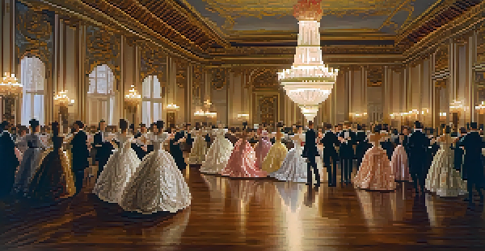 A grand ballroom with elegantly dressed dancers performing Baroque dance, illuminated by candlelight and adorned with chandeliers and tapestries.