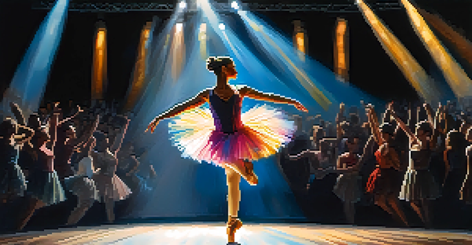 A dancer in a colorful tutu performing on stage under a spotlight, with the audience blurred in the background.