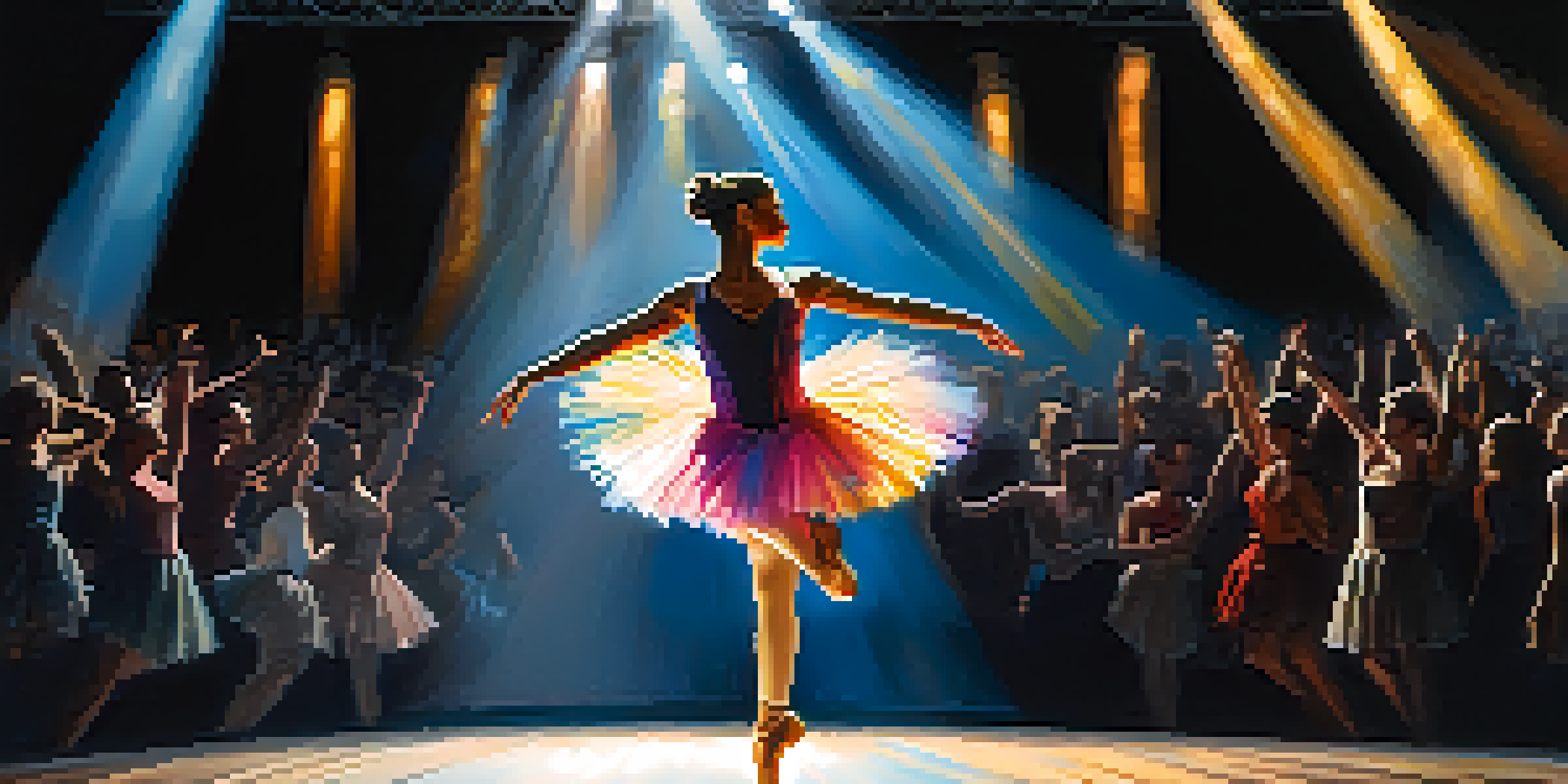 A dancer in a colorful tutu performing on stage under a spotlight, with the audience blurred in the background.