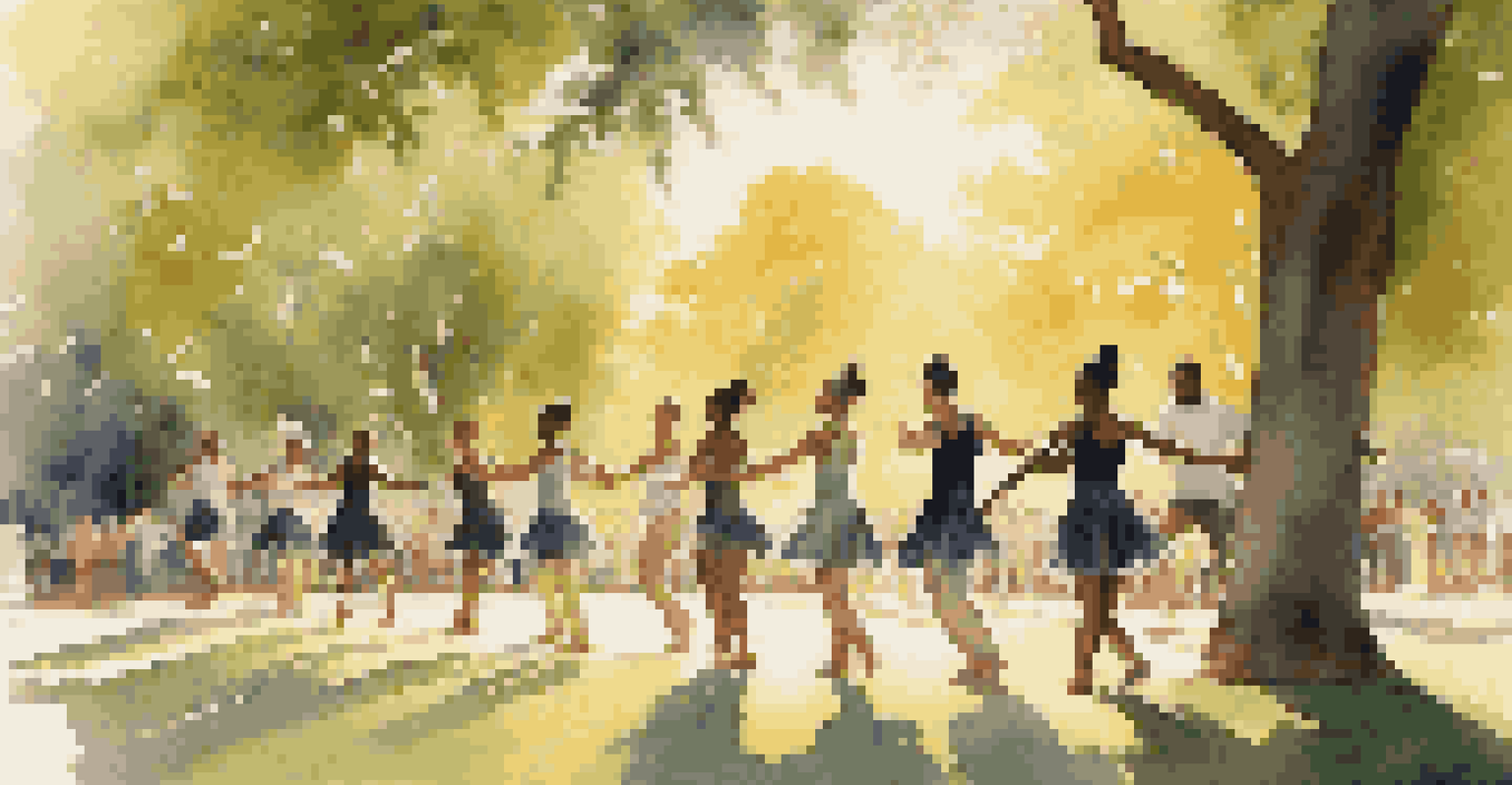 A group of dancers rehearsing outdoors in a park, guided by their mentor, during a golden sunset.