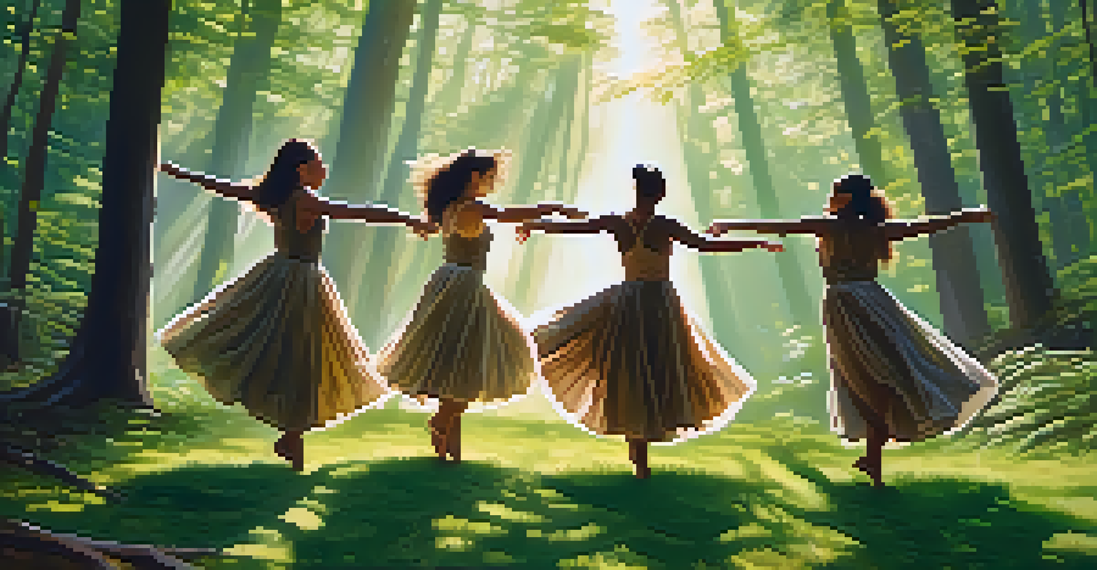 A small group of dancers performing a healing dance in a forest clearing, surrounded by lush greenery and soft sunlight filtering through the leaves.