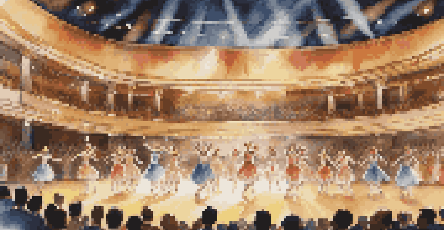 A dynamic dance competition with performers on stage under bright lights, showcasing their choreography and technique.