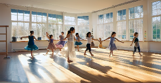 A diverse group of participants engaged in a dance therapy session in a sunlit studio, showcasing joyful movements and a serene environment.