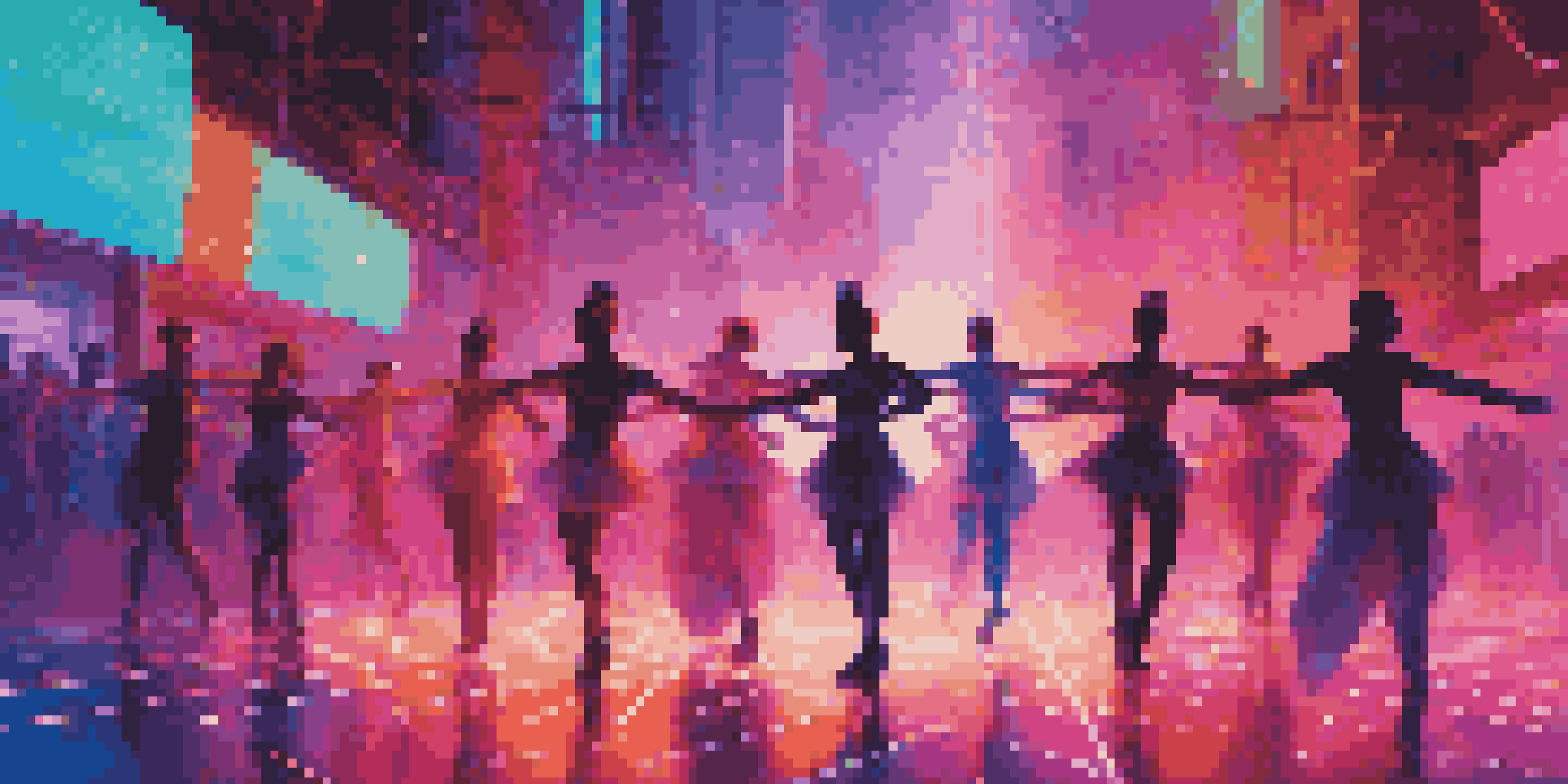 A group of dancers performing in a colorful, futuristic city with neon lights and digital effects surrounding them.