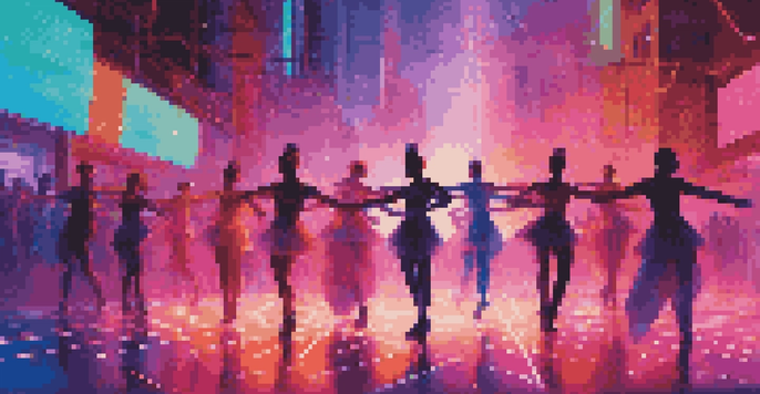 A group of dancers performing in a colorful, futuristic city with neon lights and digital effects surrounding them.