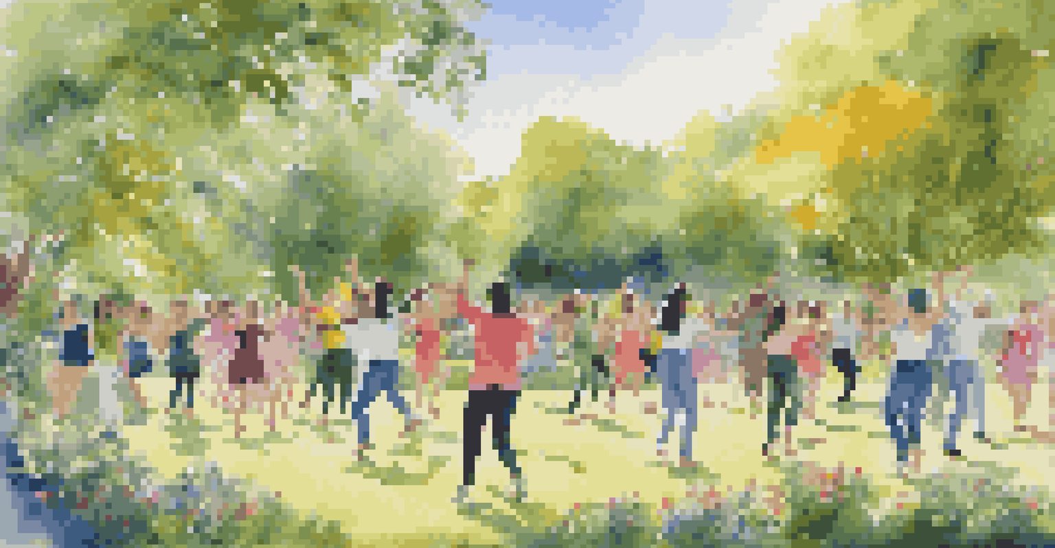 Dancers joyfully rehearsing in a lush park, surrounded by greenery and colorful flowers, under a clear blue sky.