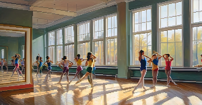 A dance studio with dancers warming up, soft light coming through windows, and reflections in mirrors.