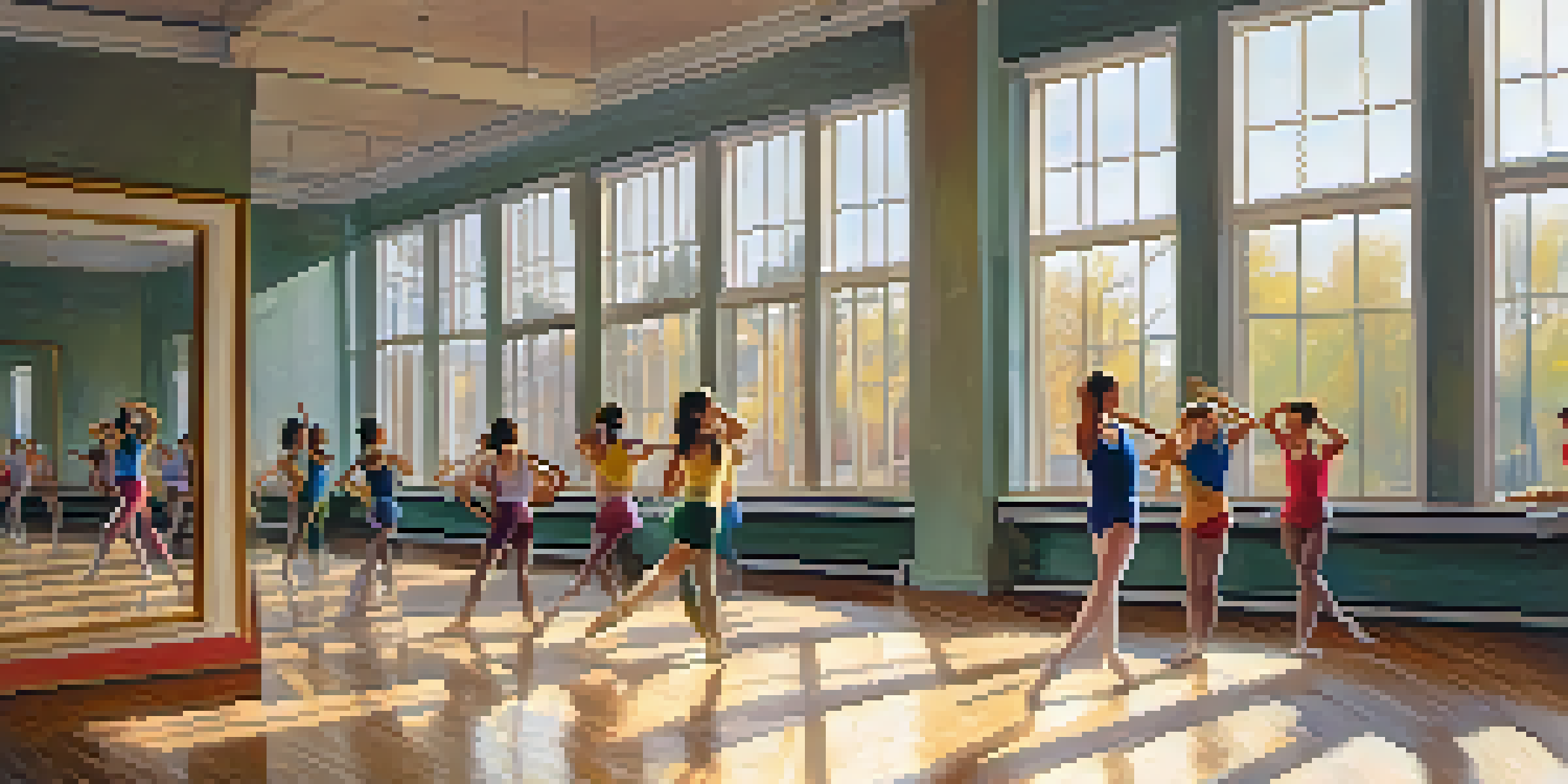 A dance studio with dancers warming up, soft light coming through windows, and reflections in mirrors.