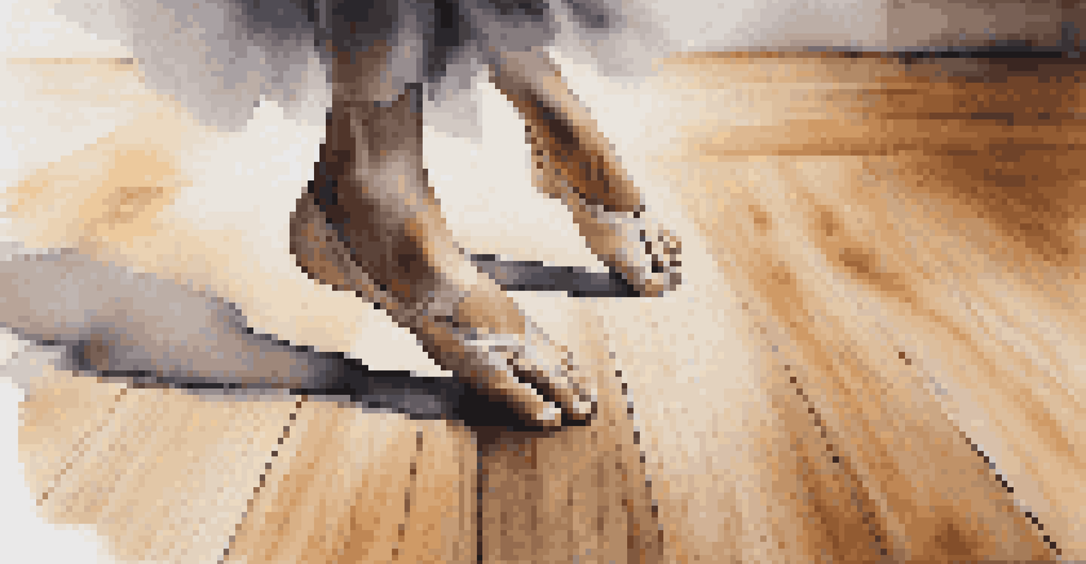 Close-up of a dancer's feet moving gracefully on a polished wooden floor, symbolizing expressive movement in dance therapy.