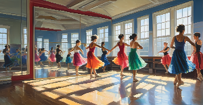 A bright dance studio with dancers of different backgrounds practicing various dance styles, surrounded by mirrors and colorful attire.