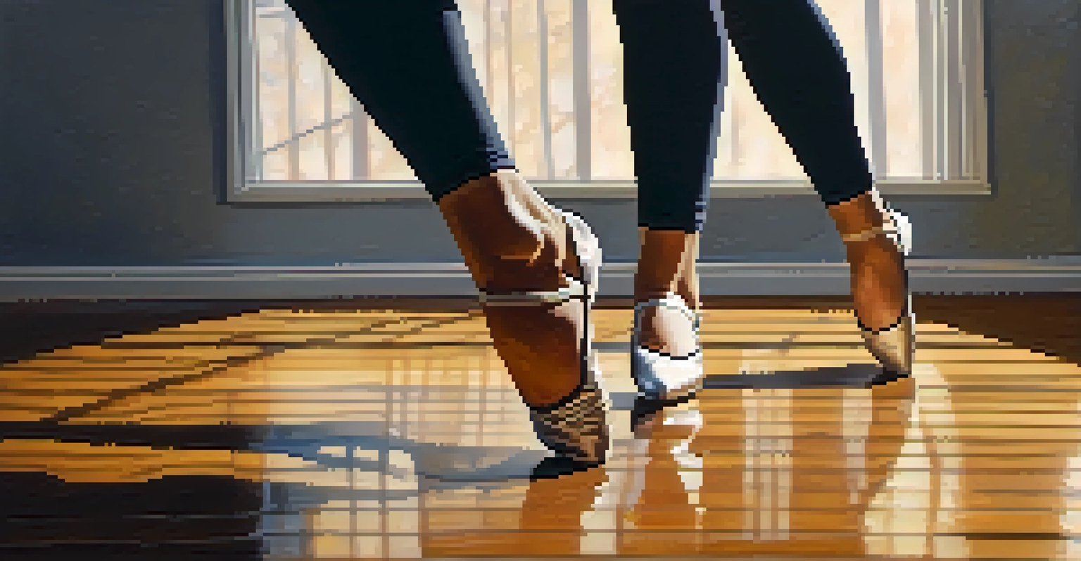A close-up of a dancer's feet showcasing intricate dance movements on a polished floor.