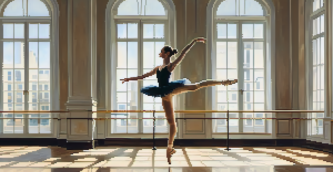 A ballet dancer in mid-air executing a grand jeté, with perfect posture and alignment, in a sunlit dance studio with mirrors.