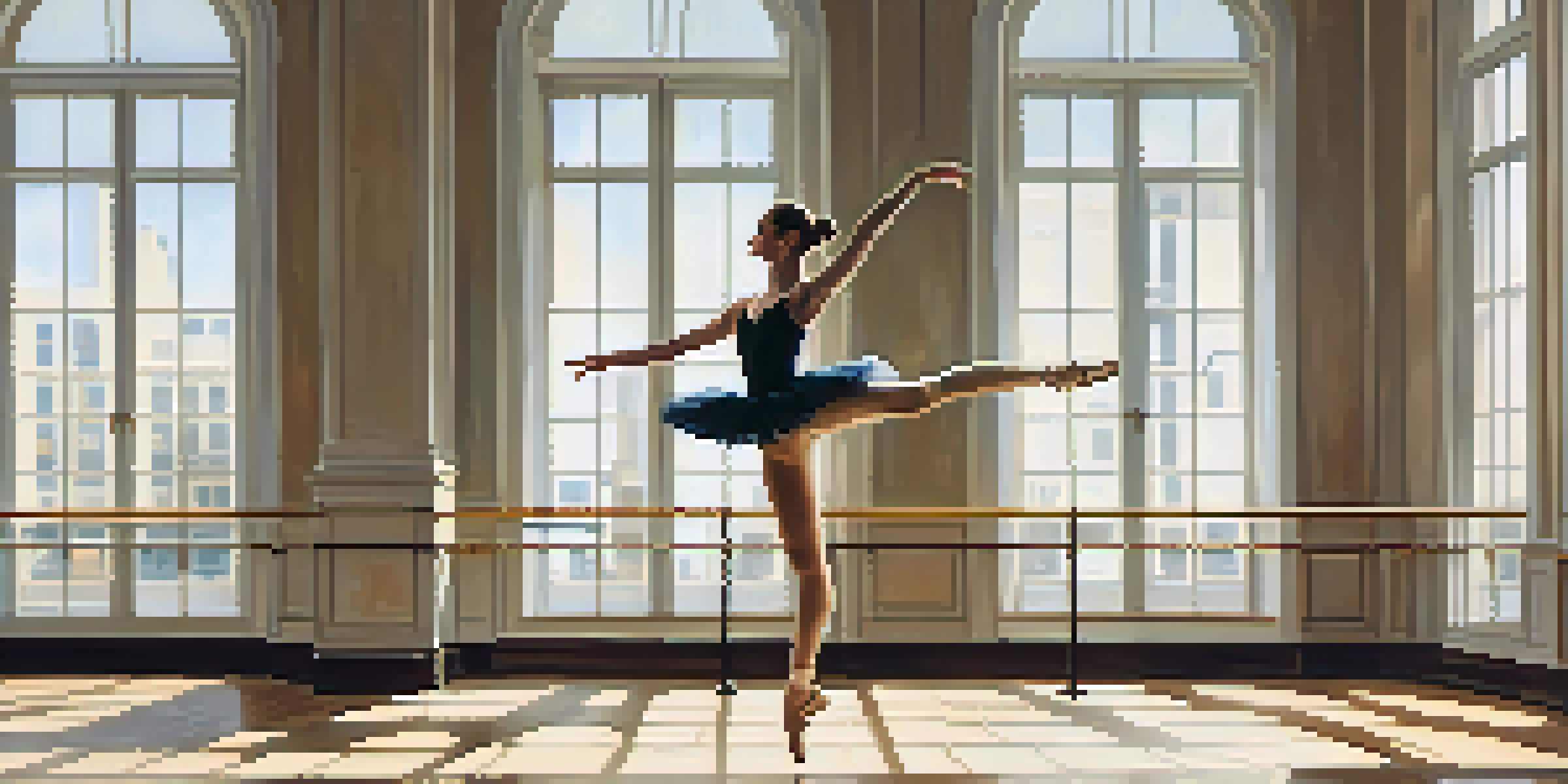 A ballet dancer in mid-air executing a grand jeté, with perfect posture and alignment, in a sunlit dance studio with mirrors.