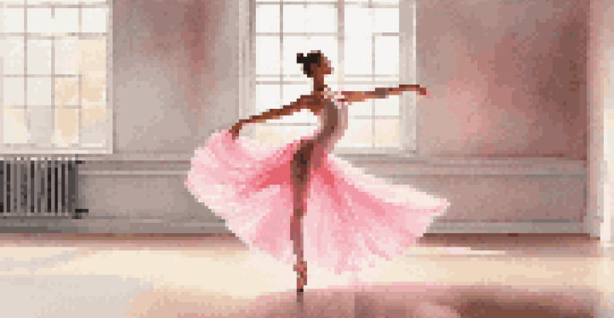 A ballet dancer in mid-pose with a flowing pink and white costume, illuminated by soft natural light in a minimalist studio.