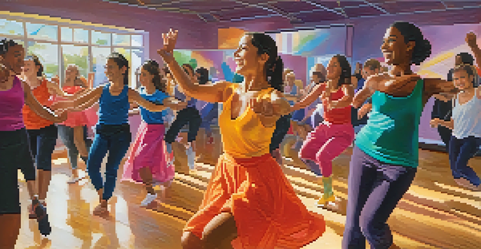 A dance class with diverse individuals joyfully dancing in a bright room filled with mirrors.