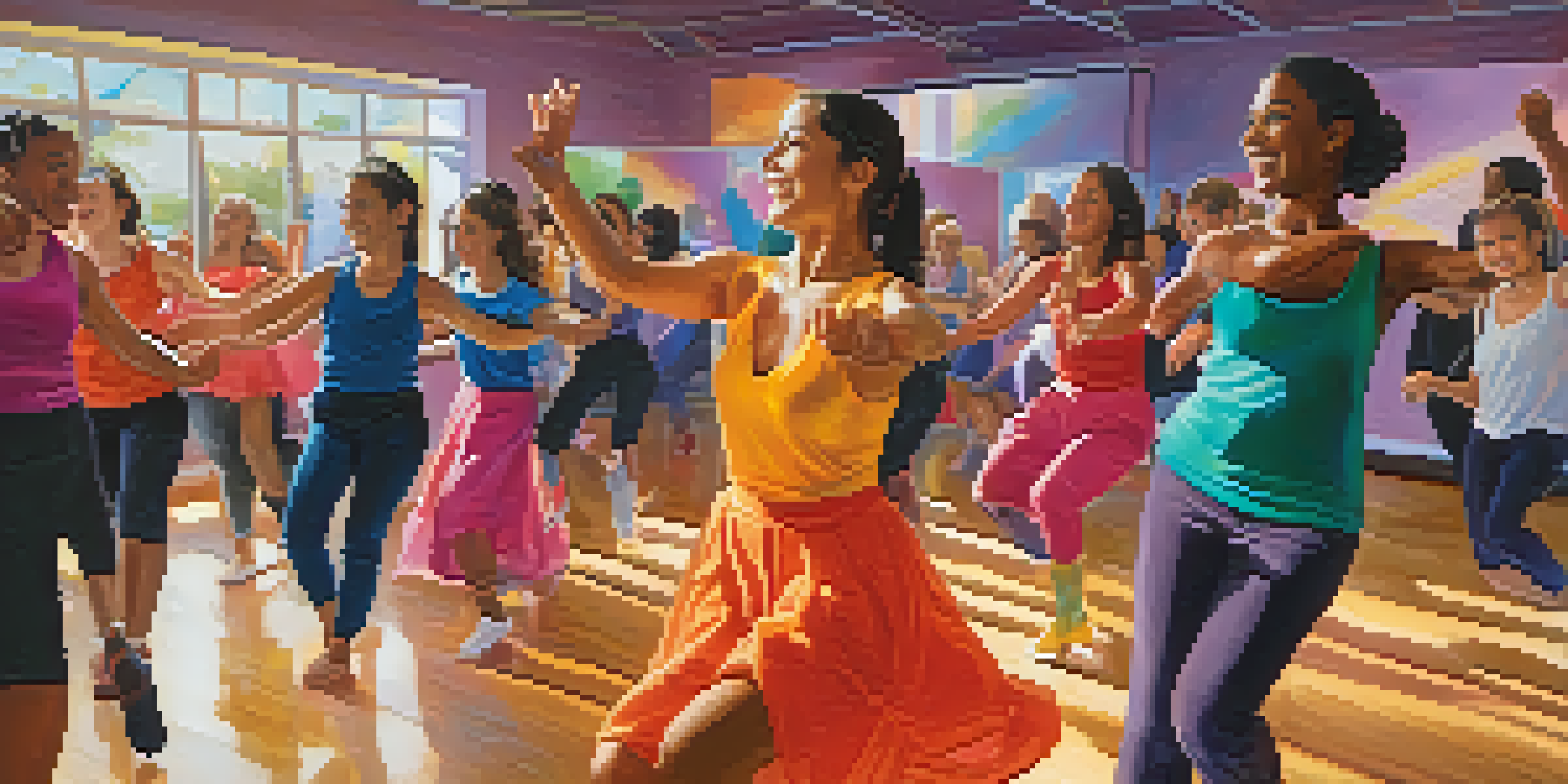 A dance class with diverse individuals joyfully dancing in a bright room filled with mirrors.