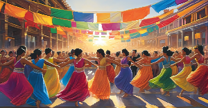 A lively dance festival with diverse dancers performing various styles under a colorful sunset.