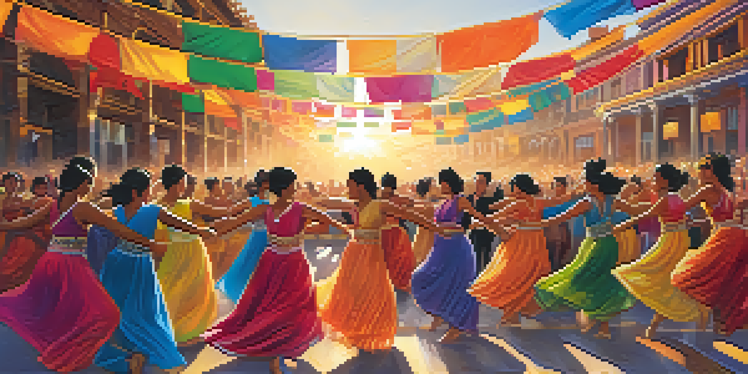 A lively dance festival with diverse dancers performing various styles under a colorful sunset.
