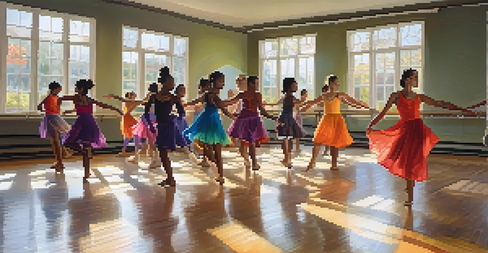 A lively dance studio with diverse dancers enjoying a synchronized dance in front of large windows and mirrors.