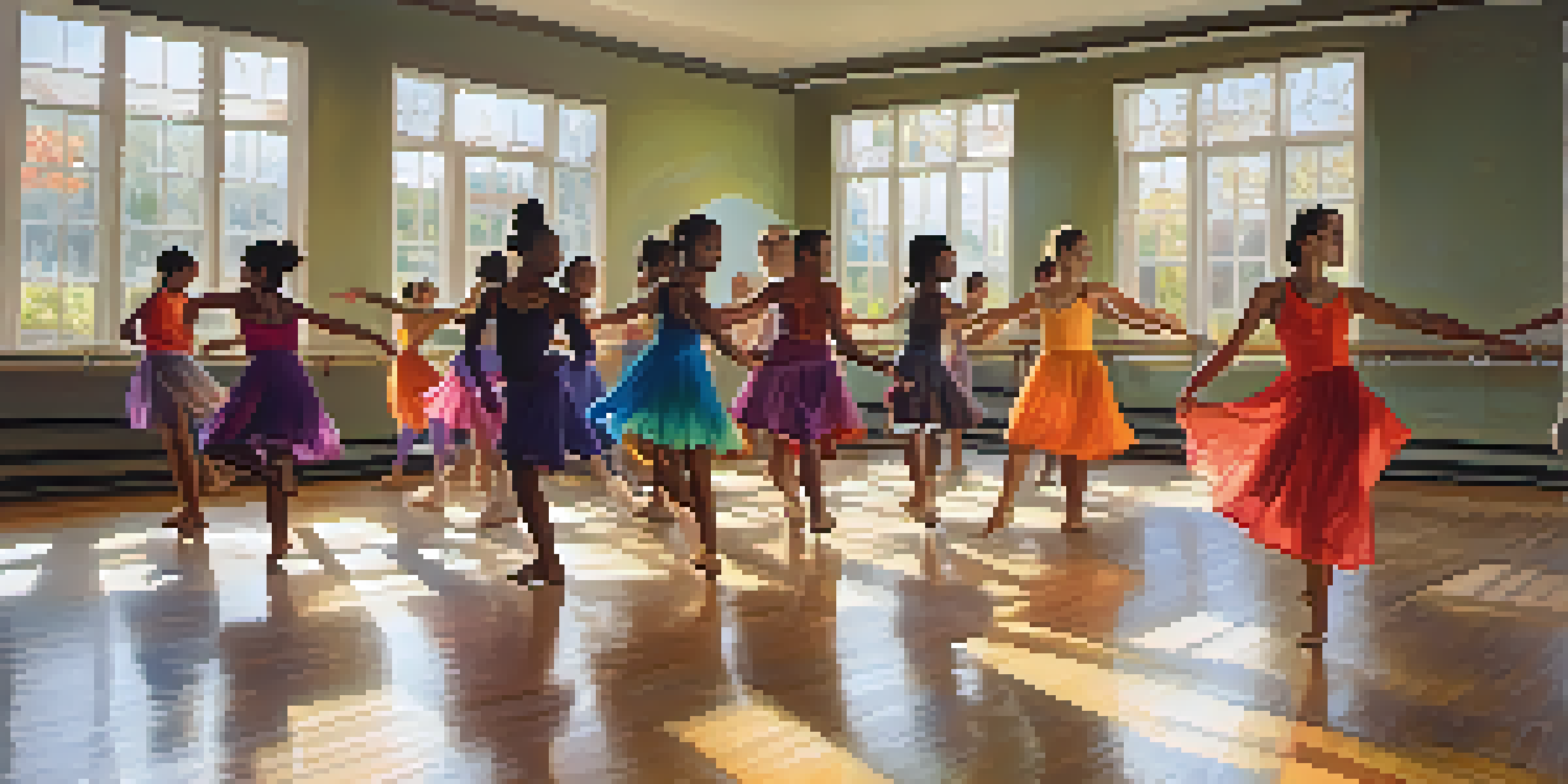 A lively dance studio with diverse dancers enjoying a synchronized dance in front of large windows and mirrors.