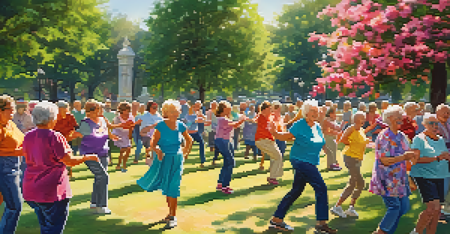 Seniors participating in a lively outdoor dance class in a park, surrounded by nature.