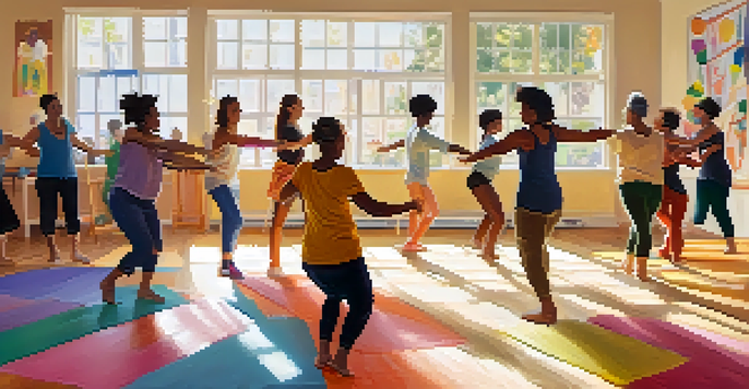 A lively dance therapy class in a bright studio where people of different ages and backgrounds are dancing joyfully, with sunlight pouring in through the windows.