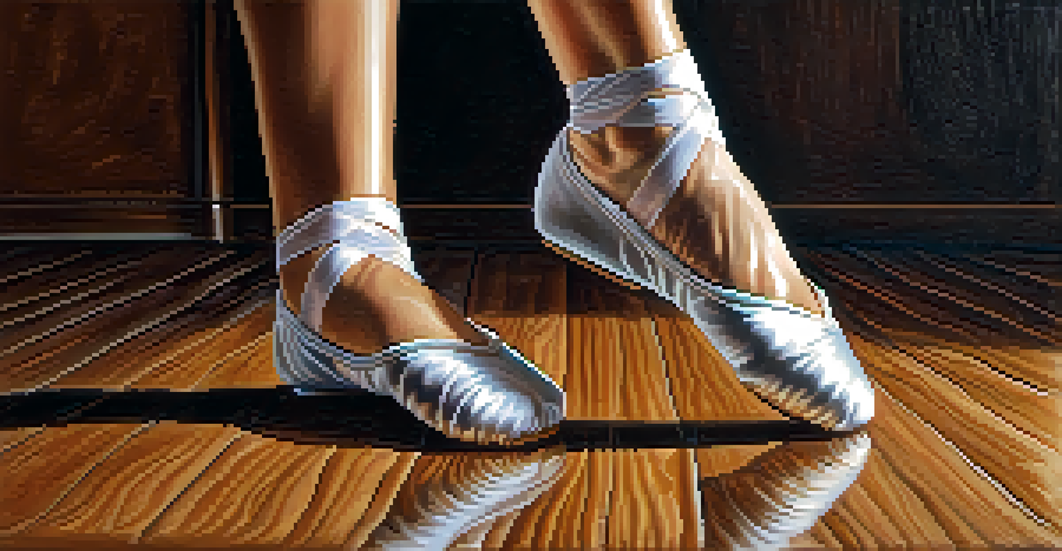 A close-up of a dancer's feet in ballet shoes executing a move on a wooden floor, with soft light creating gentle shadows.