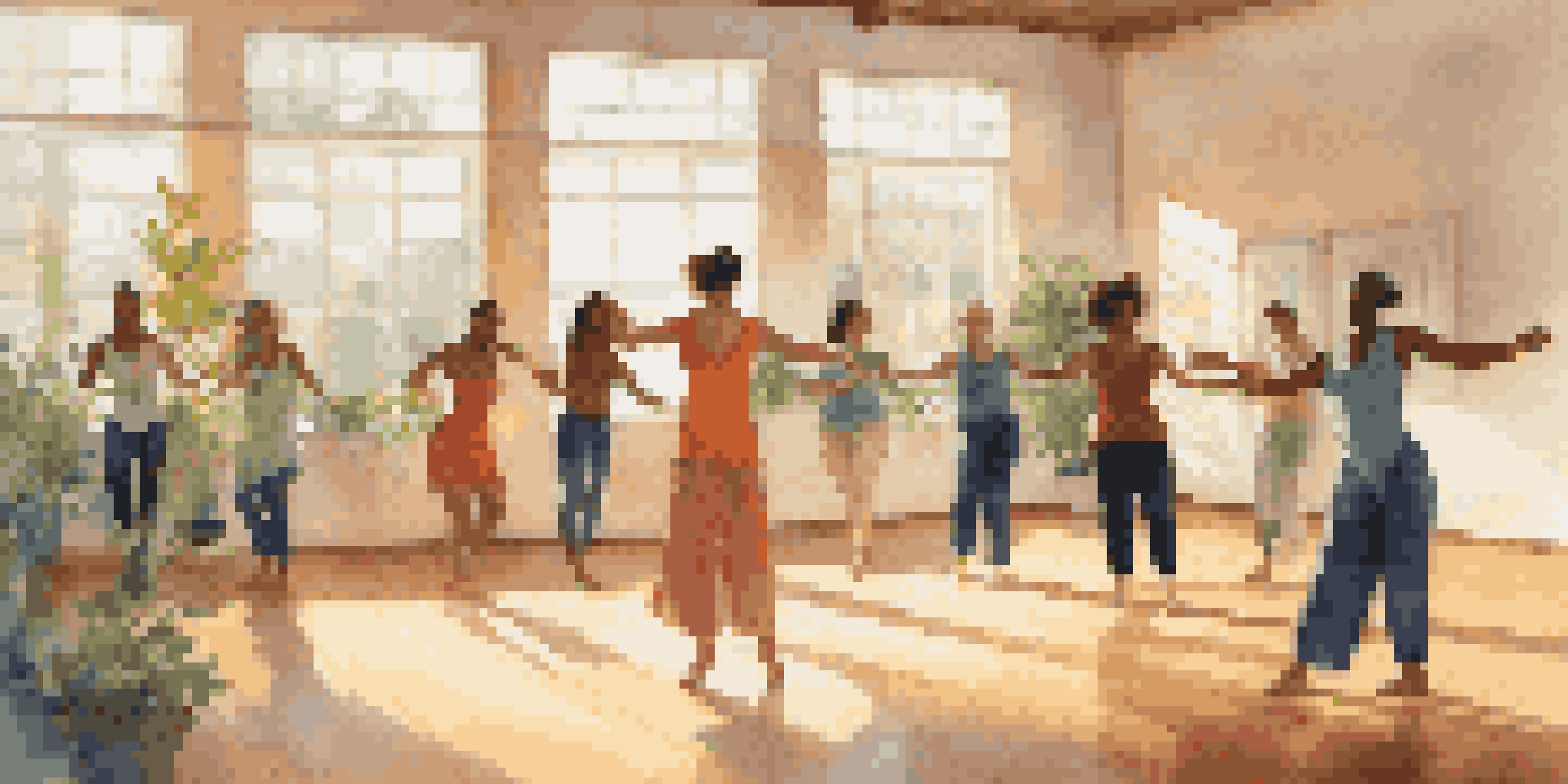 A diverse group of individuals participating in a dance therapy session, moving gracefully in a sunlit studio filled with colorful fabrics and plants.