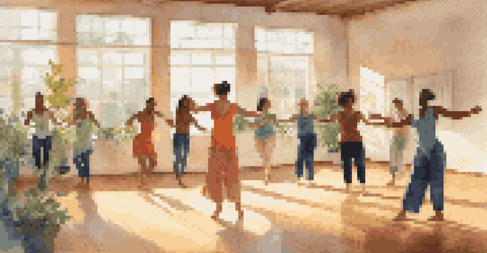 A diverse group of individuals participating in a dance therapy session, moving gracefully in a sunlit studio filled with colorful fabrics and plants.