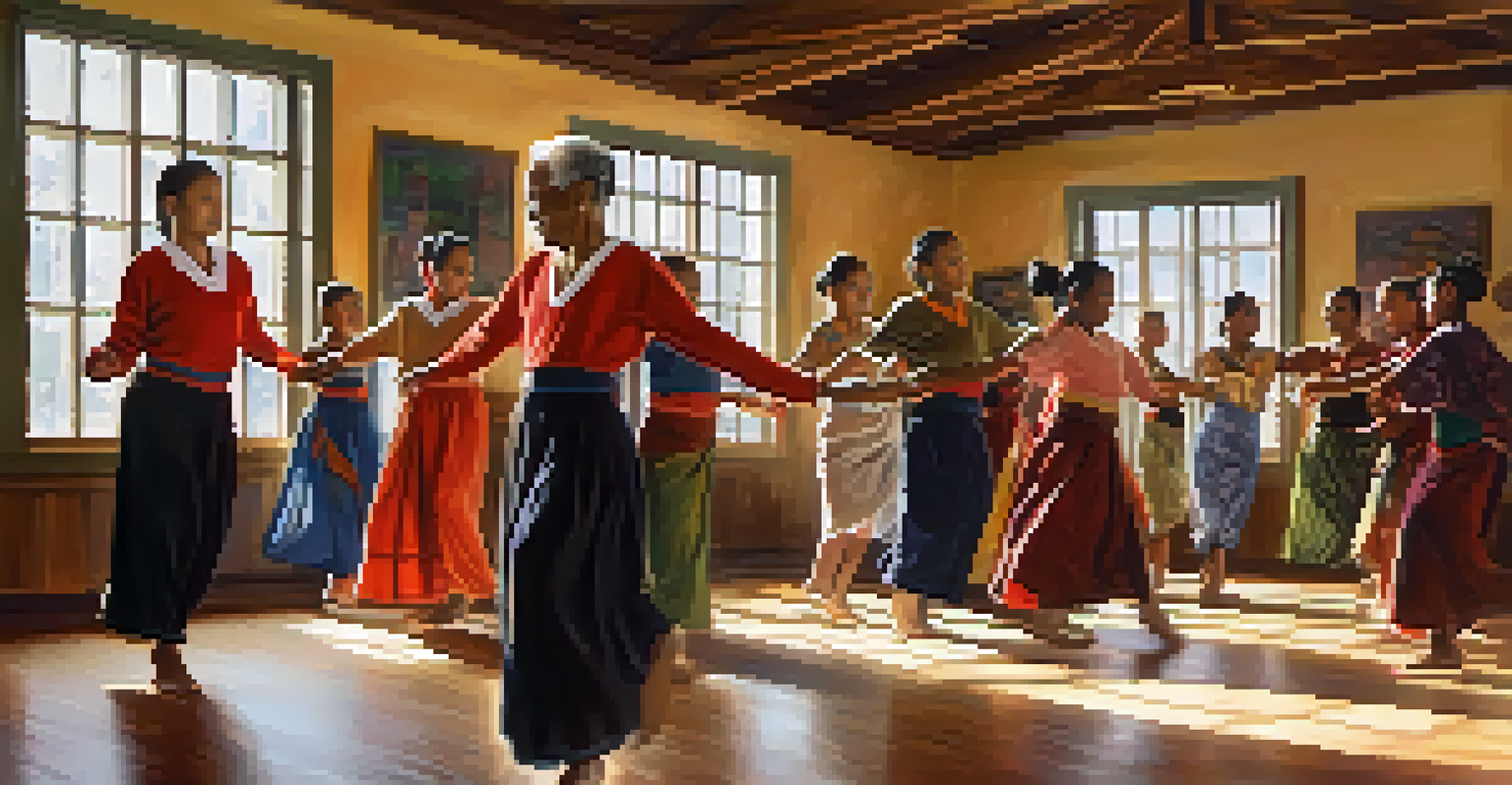 An elder teaching young dancers traditional dance moves in a warmly lit community hall, with the elder demonstrating and the youth attentively following.